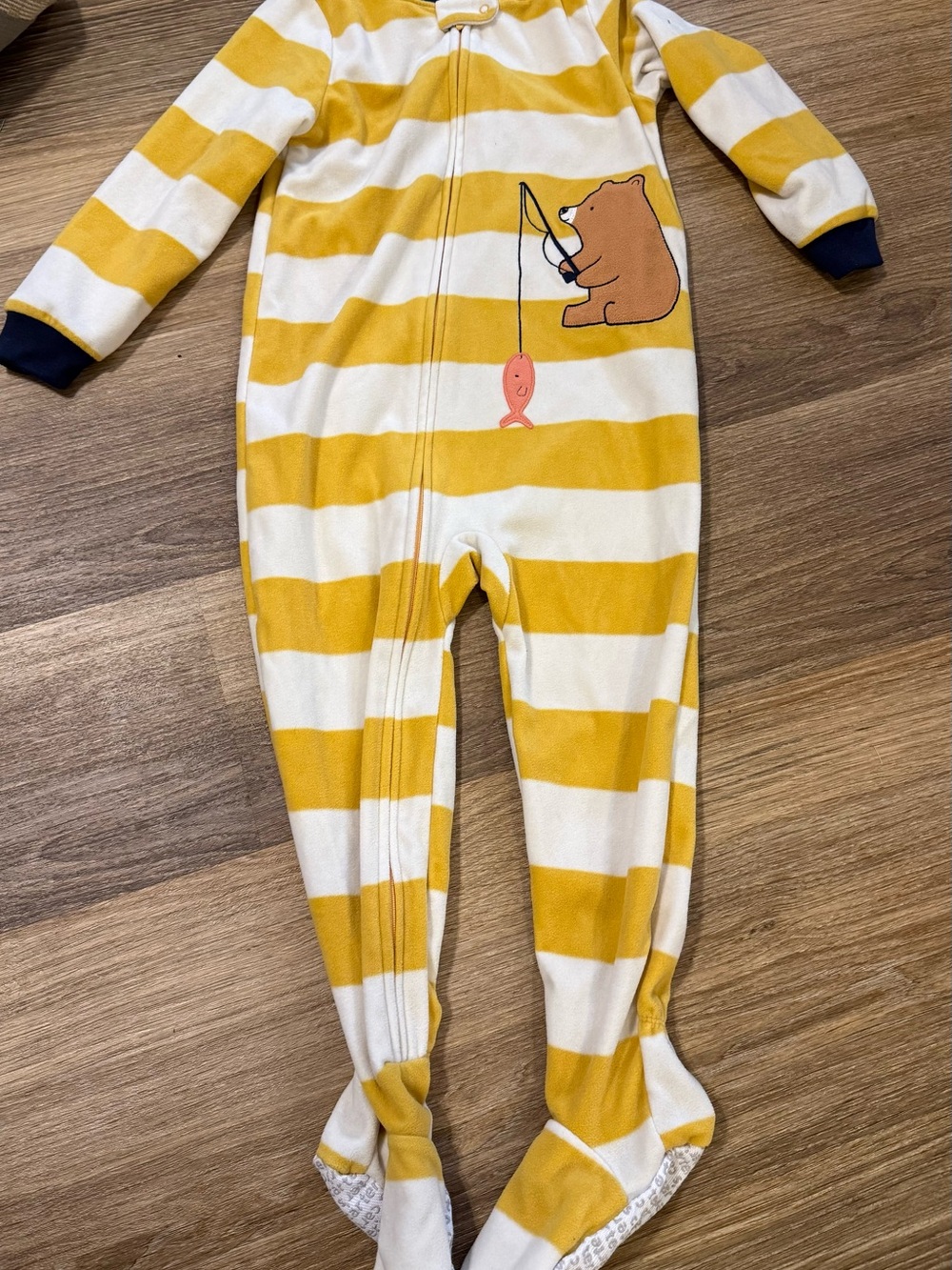 Carter's Yellow & White Striped Footed One-Piece with Bear Fishing Graphic 4T